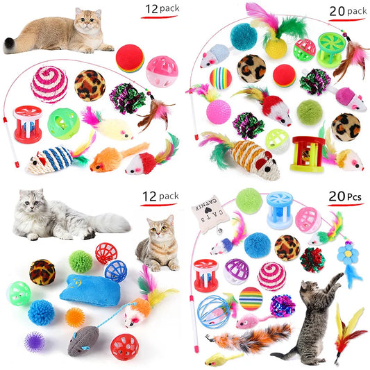 12/20pcs Cat Toy Set 🐱🎁 | Bell Ball, Sisal Mouse & Stick 🎾🐭 | Interactive Play for Kittens & Cats ✅