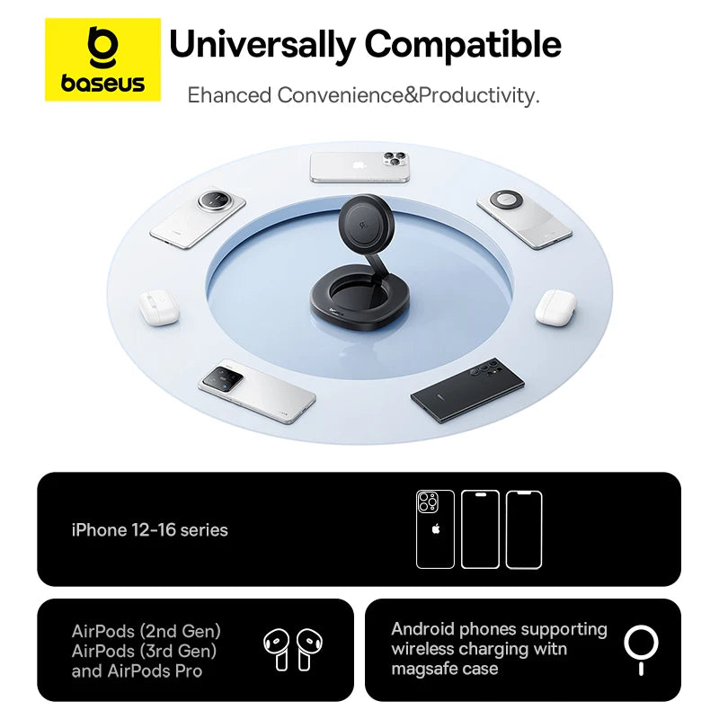 Baseus Qi2 15W Foldable Magnetic Wireless Charger Stand – Προσαρμόσιμη Βάση Φόρτισης για iPhone & AirPods