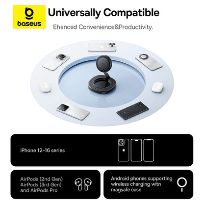Baseus Qi2 15W Foldable Magnetic Wireless Charger Stand – Προσαρμόσιμη Βάση Φόρτισης για iPhone & AirPods