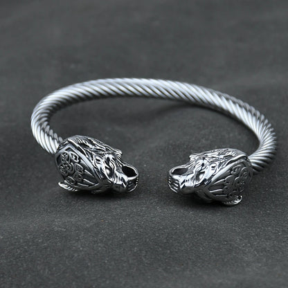 🐺 Viking Wolf “Geri & Freki” Stainless Steel Bangle – Ανδρικό Βραχιόλι Ανοξείδωτο με Κεφαλές Λύκων & Πατούσα Αρκούδας | Nordic Amulet Power