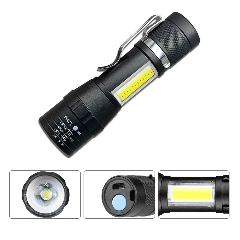 🔦 Mini LED Επαναφορτιζόμενος Φακός – COB+XPE | Zoomable Torch, 3 Modes, Ιδανικός για Outdoor & Emergency ✨