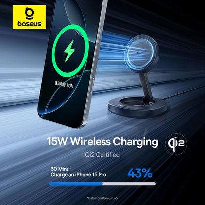 Baseus Qi2 15W Foldable Magnetic Wireless Charger Stand – Προσαρμόσιμη Βάση Φόρτισης για iPhone & AirPods