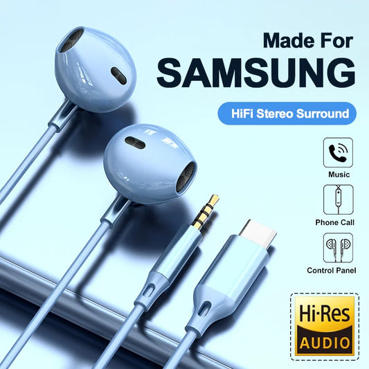 🎧 For Samsung Headphones – HiFi Surround Sound | USB Type-C & 3.5mm | Wired Earplugs με Μικρόφωνο & Χειριστήριο 🎶