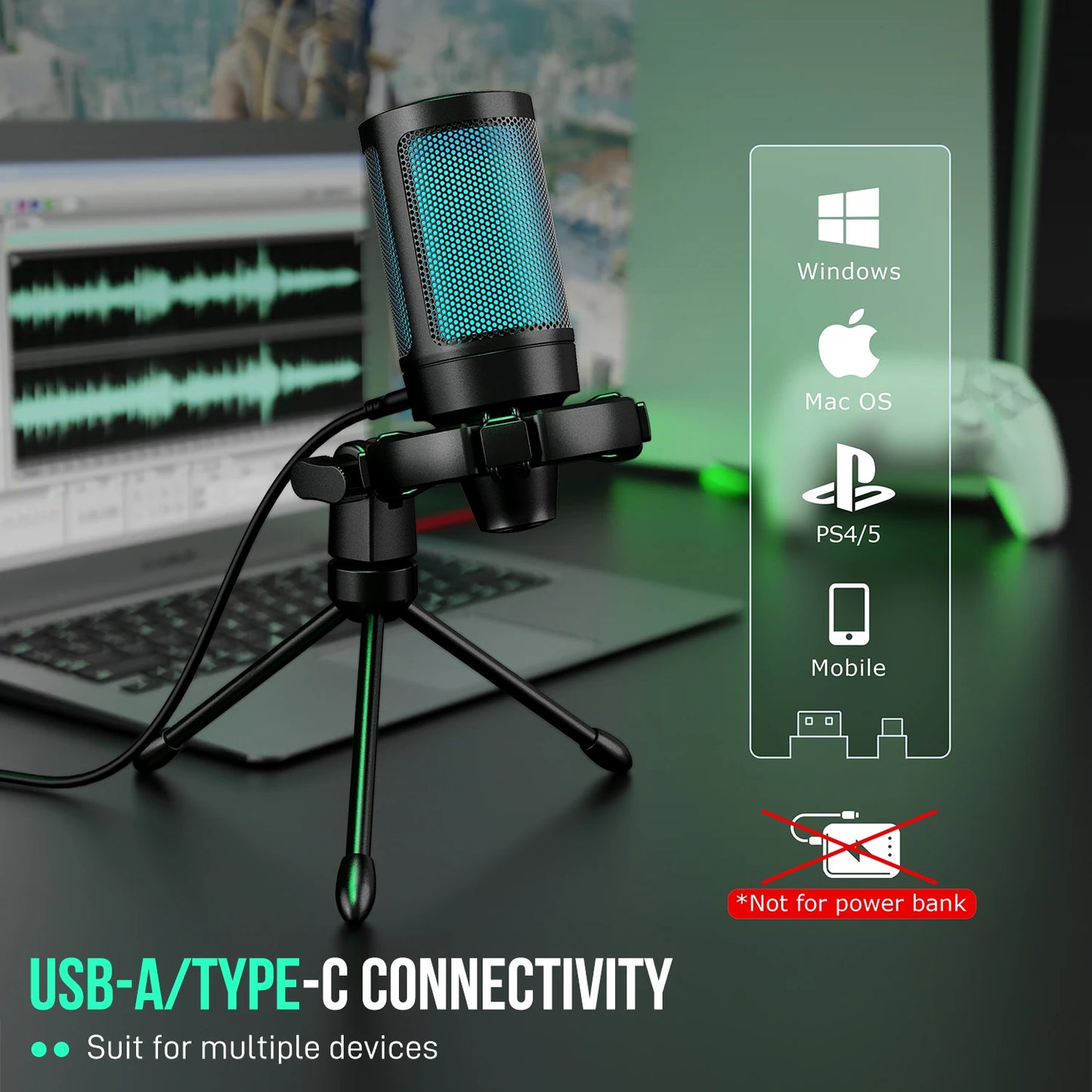 🎤 AmpliGame by FIFINE A2 RGB USB Gaming Microphone Light-Touch Mute • Tripod Included • PC/PS4/PS5 • Streaming-Ready 🔥🎮