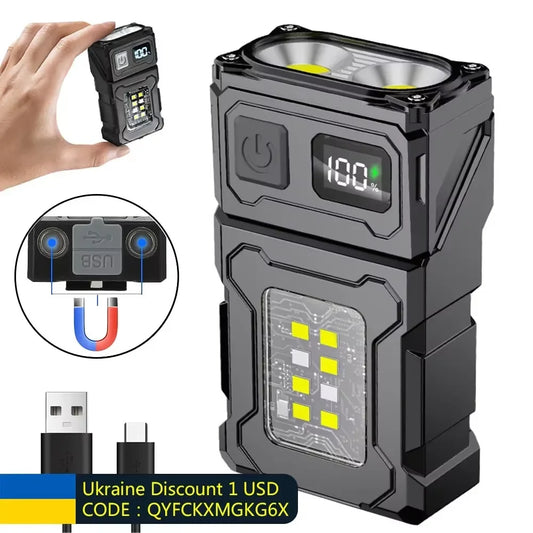 🔦 MINI USB Επαναφορτιζόμενος Φακός LED – Μαγνητικός, Περιστρεφόμενος 180° με COB & Power Bank Λειτουργία ⚡✨