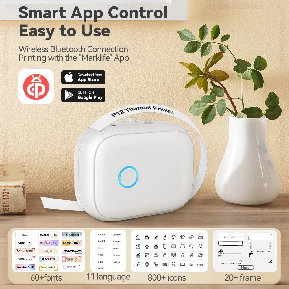 🏷️ P12 Portable Mini Thermal Label Printer – Bluetooth Εκτυπωτής Ετικετών με Marklife App & Επαναφόρτιση Type-C