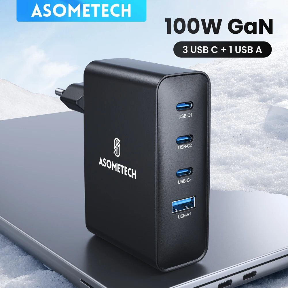⚡ ASOMETECH 100W GaN Fast Charger – Φορτιστής Ταχείας Φόρτισης με 4 Θύρες (3×USB-C + 1×USB-A)