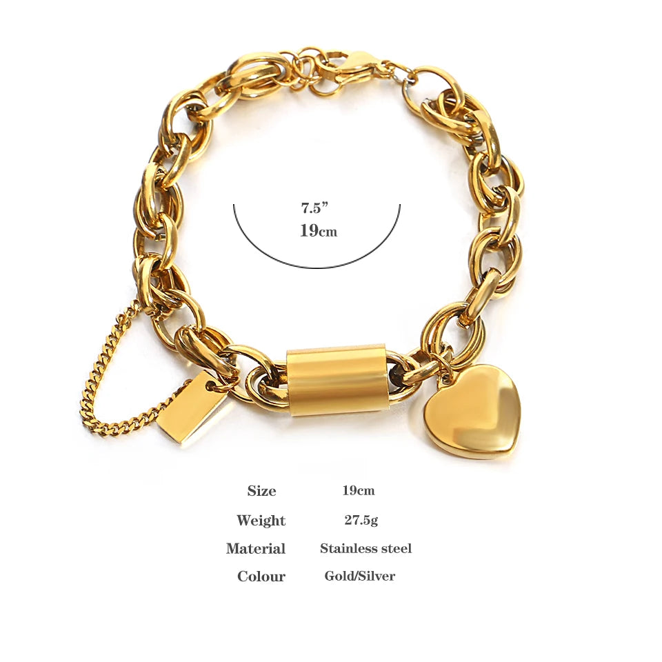💛 Heart Lock Charm Bracelet – Γυναικείο Επιχρυσωμένο Βραχιόλι με Καρδιά & Χοντρή Αλυσίδα | Stainless Steel, Anti-Fade & Hypoallergenic