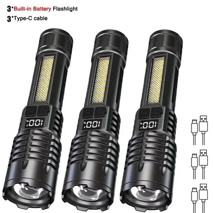 🔦 High Power LED Flashlight – Επαναφορτιζόμενος Φακός με COB Πλευρικό Φως & Type-C Charging