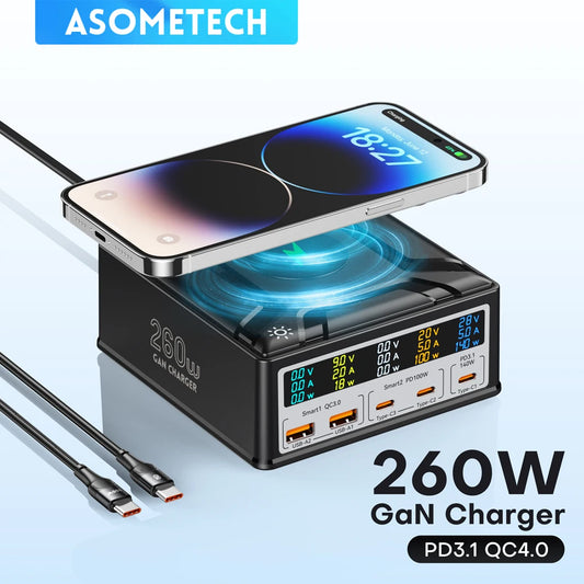 ⚡🔋 ASOMETECH 260W GaN Desktop Charger – PD3.1 140W, 6 Θύρες + Ασύρματη Φόρτιση, Digital Display 💻📱⌚