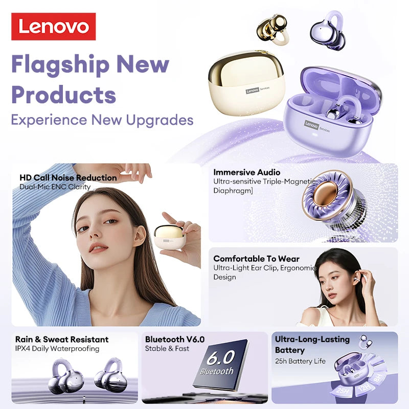 Lenovo LE302 OWS Bluetooth 6.0 – Wireless Ear Clip Headphones with Open-Ear Design & Up to 25 Hours Battery Life
