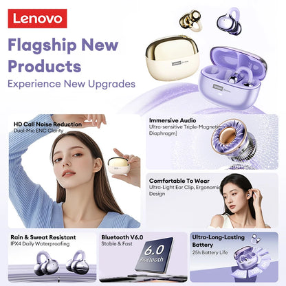 Lenovo LE302 OWS Bluetooth 6.0 – Wireless Ear Clip Headphones with Open-Ear Design & Up to 25 Hours Battery Life
