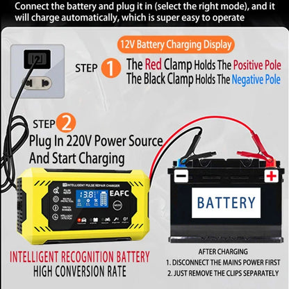 🔋🚗 Smart Battery Charger 12V 6A – Car & Motorcycle with LCD Repair Mode 🚗🔋