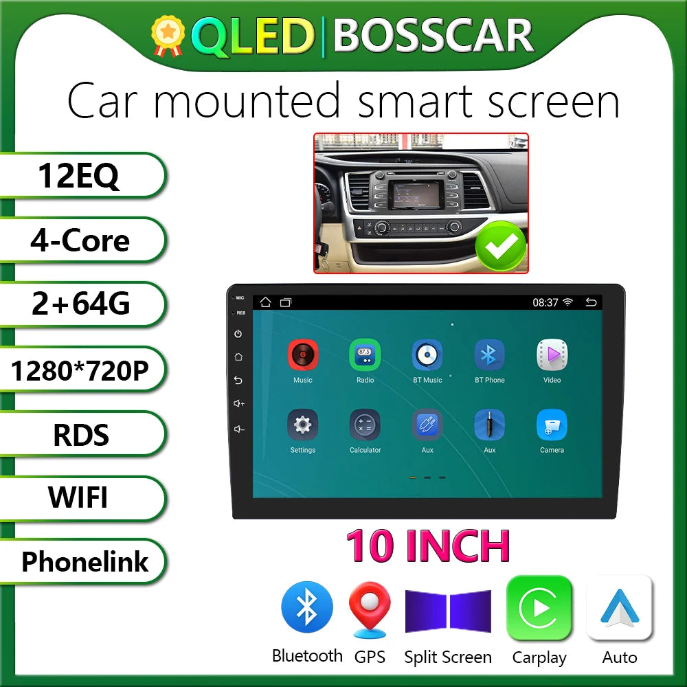 🚗🎶 BOSSCAR 2 Din Android 12 Car Multimedia Player – Οθόνη 7"/9"/10.1", 4G + 64G, GPS, CarPlay & Android Auto 📡✨