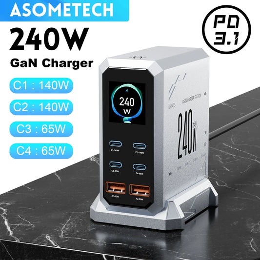 240W GaN 6-in-1 Fast Charger – PD3.1 140W USB-C Desktop Charging Station με 6 Θύρες (4×USB-C + 2×USB-A) για MacBook, Laptop, iPhone & Samsung