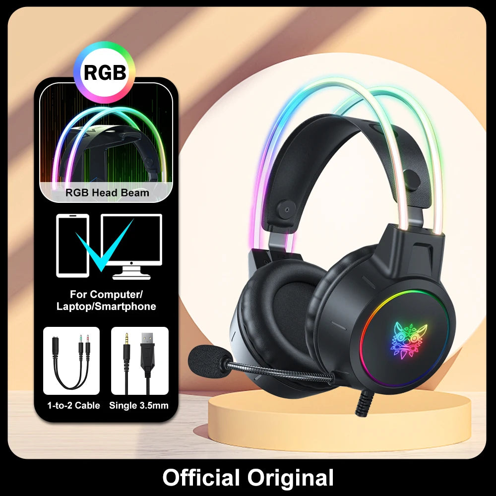 🎧 ONIKUMA RGB Gaming Headset με HD Μικρόφωνο & 3.5mm Jack | Για PC, PS4, PS5, Xbox & Switch | 50mm Drivers & Ρυθμιζόμενο Φως RGB