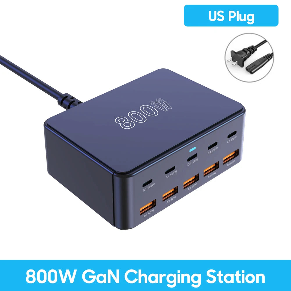⚡🔌 800W GaN Desktop Charger – 10 Θύρες USB-C / USB-A PD Fast Charging