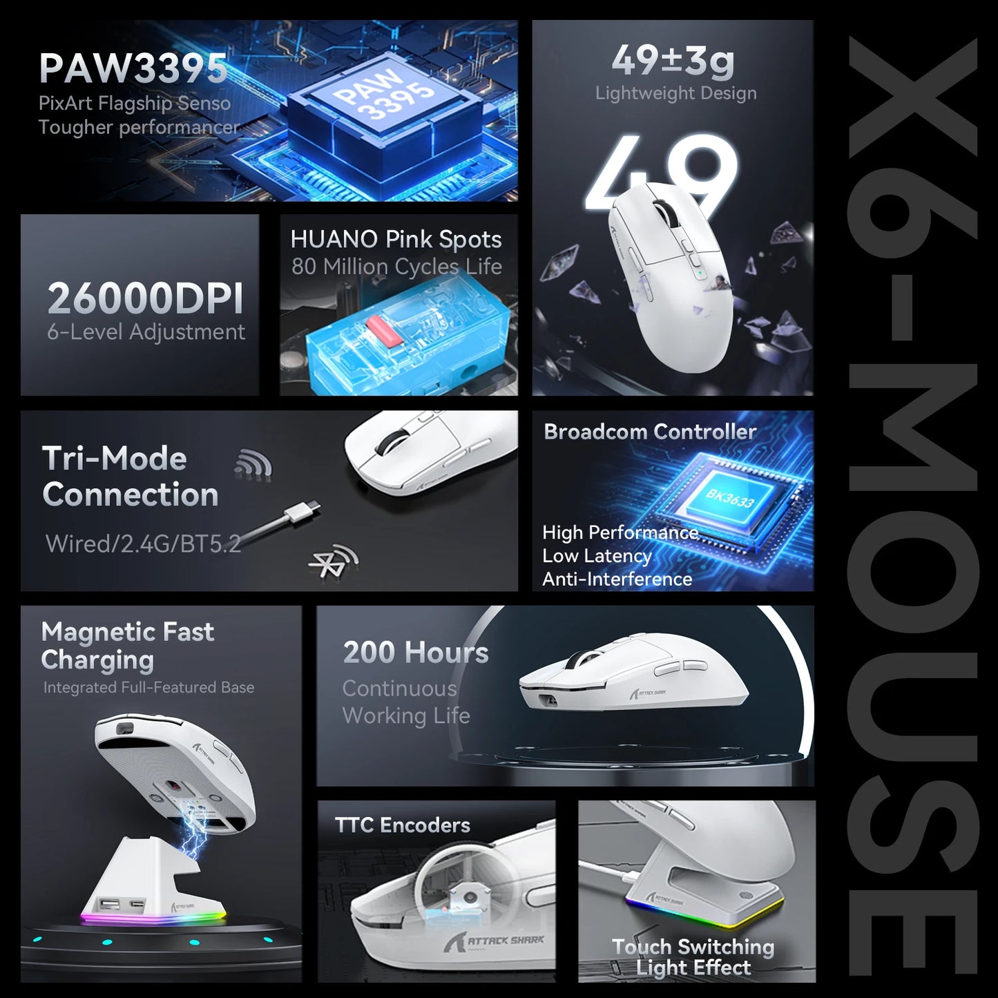 🖱️ Attack Shark X6 PAW3395 Gaming Mouse – Tri-Mode, RGB Base & 26K DPI