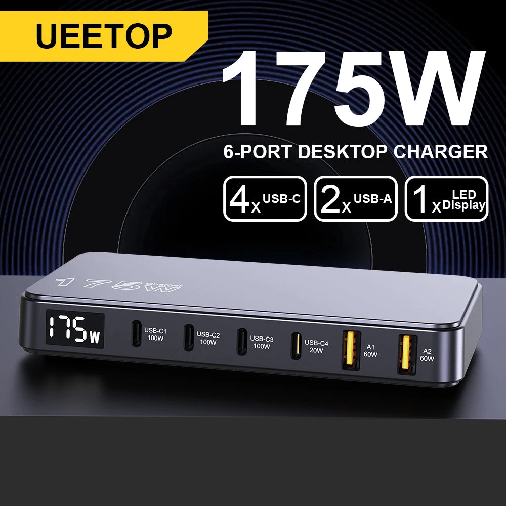 Ueetop 175W GaN USB-C Desktop Charger με LED Οθόνη – 6 Θύρες, PD 100W, PPS, Super Fast Charging