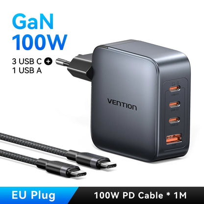 ⚡ Vention 100W GaN Φορτιστής 4 Θυρών USB-C – PD Fast Charge Η απόλυτη λύση για ταυτόχρονη και γρήγορη φόρτιση laptop, tablet και smartphone! 💻📱🔋
