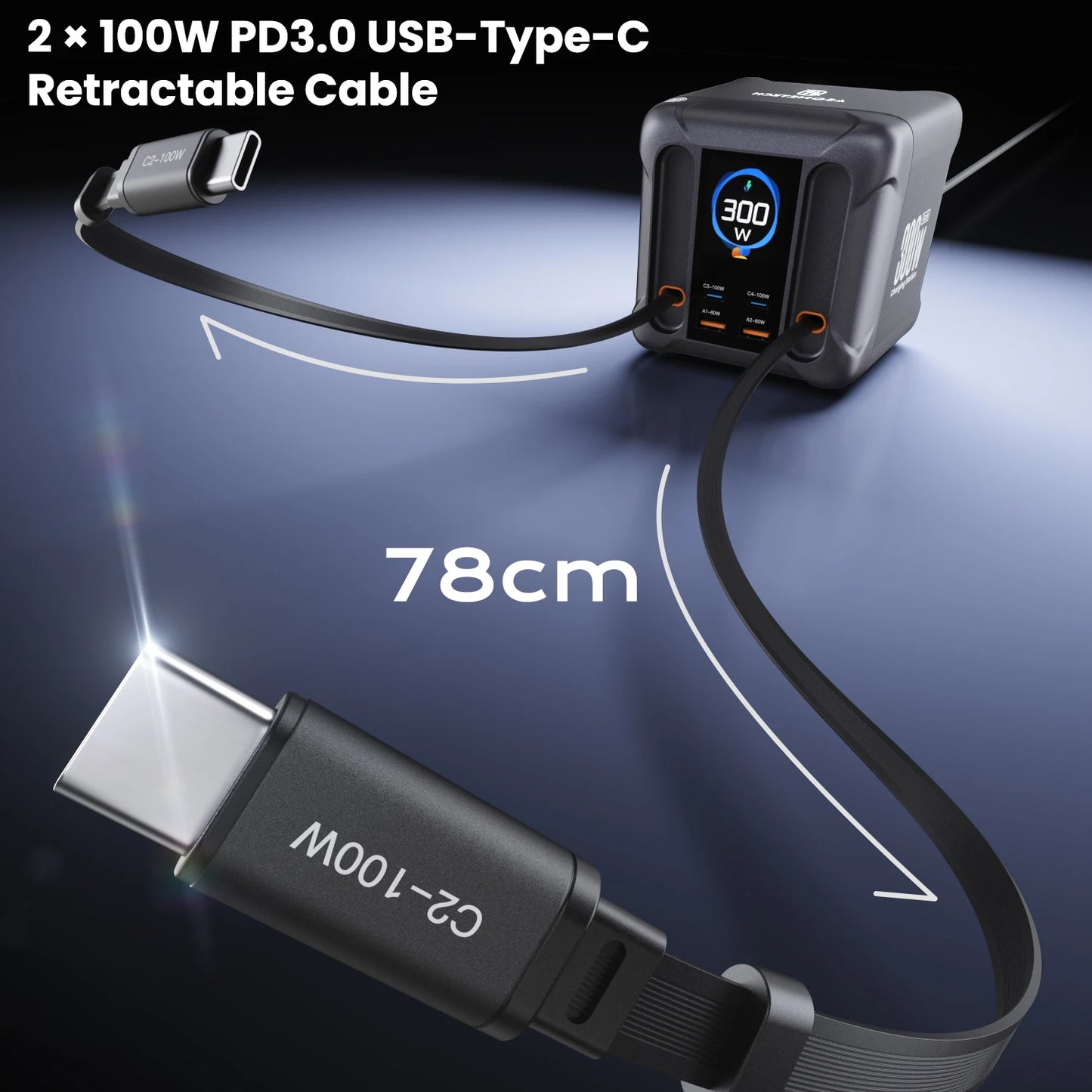 ⚡ ASOMETECH 300W GaN Charging Station – Πολυφορτιστής με LED Display & Retractable Type-C Καλώδια