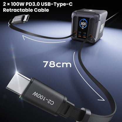 ⚡ ASOMETECH 300W GaN Charging Station – Πολυφορτιστής με LED Display & Retractable Type-C Καλώδια