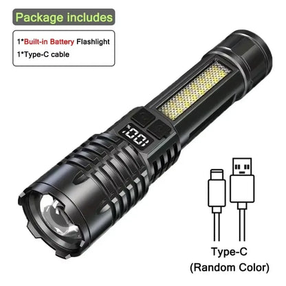 🔦 High Power LED Flashlight – Επαναφορτιζόμενος Φακός με COB Πλευρικό Φως & Type-C Charging