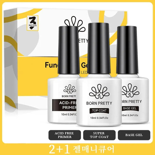 💅✨ BORN PRETTY 3pcs Functional Gel Kit – Base Gel, Super Top Coat & Acid-Free Primer (10ml) 🎯