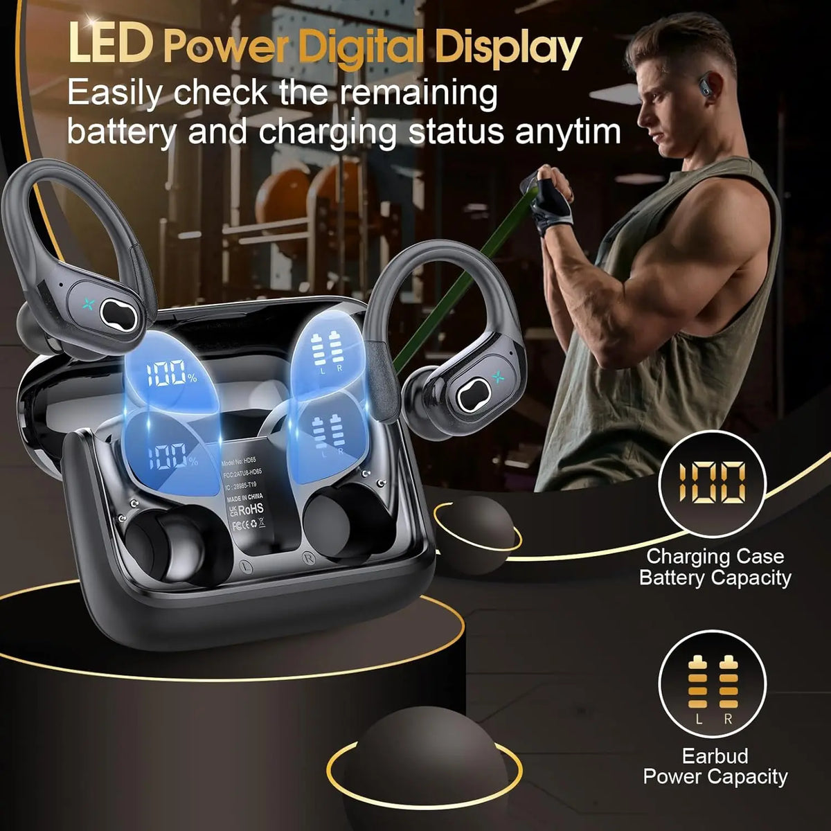 Wireless Sport Earbuds Bluetooth 5.4 with Earhooks, ANC, LED Display & up to 75 Hours of Battery Life