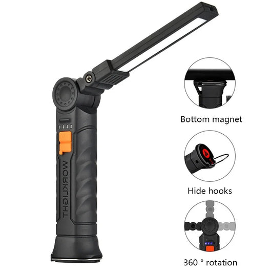 🔦 Portable COB LED Flashlight – Rechargeable Work Light with Magnetic Base & Hook