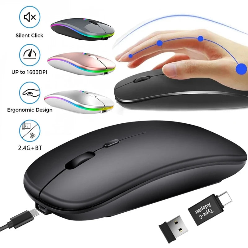 🖱️ Rechargeable Wireless Mouse – Dual Mode Bluetooth + 2.4GHz • Silent Click • Rechargeable Battery • 800–1600 DPI • Ultra-Slim Design ⚡