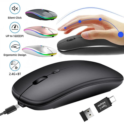 🖱️ Rechargeable Wireless Mouse – Dual Mode Bluetooth + 2.4GHz • Silent Click • Rechargeable Battery • 800–1600 DPI • Ultra-Slim Design ⚡