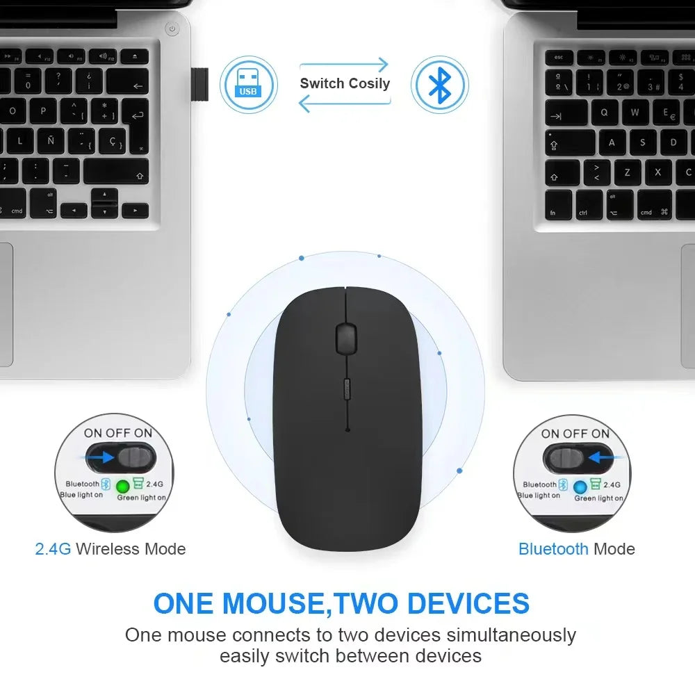 🖱️ Rechargeable Wireless Mouse – Dual Mode Bluetooth + 2.4GHz • Silent Click • Rechargeable Battery • 800–1600 DPI • Ultra-Slim Design ⚡