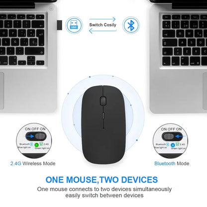🖱️ Rechargeable Wireless Mouse – Dual Mode Bluetooth + 2.4GHz • Silent Click • Rechargeable Battery • 800–1600 DPI • Ultra-Slim Design ⚡