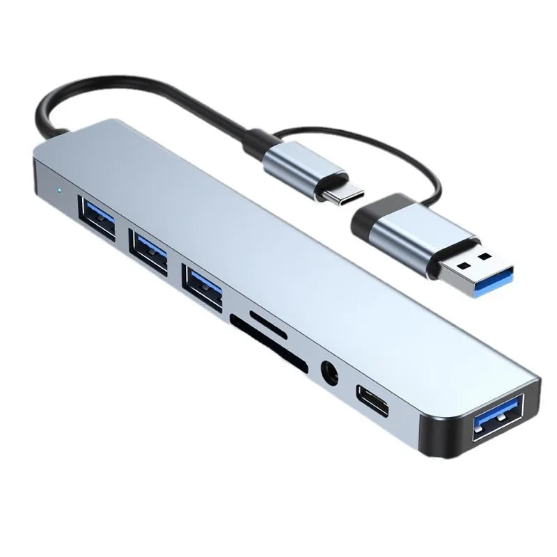 🔌 8-in-2 USB + Type-C HUB Docking Station με 3.5mm Audio & Card Reader
