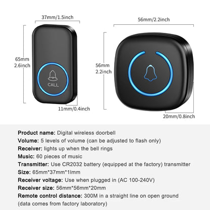 🔔🏠 Wireless Intelligent Doorbell – Έξυπνο Ασύρματο Κουδούνι με 60 Μελωδίες, 5 Επίπεδα Έντασης & Εμβέλεια 300M 📶✨