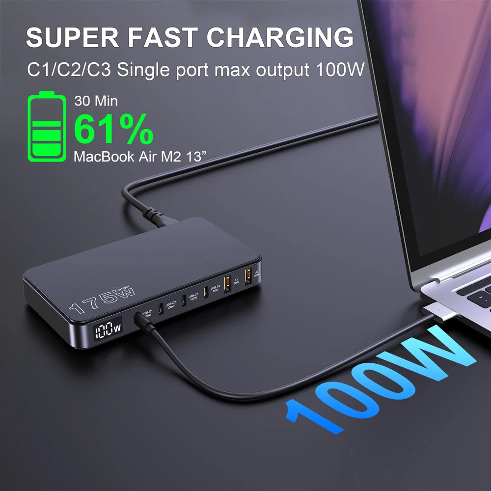 🔌⚡ Ueetop 175W GaN USB-C Desktop Charger – 6 Θύρες με LED Display & PD 100W Fast Charging 🔋