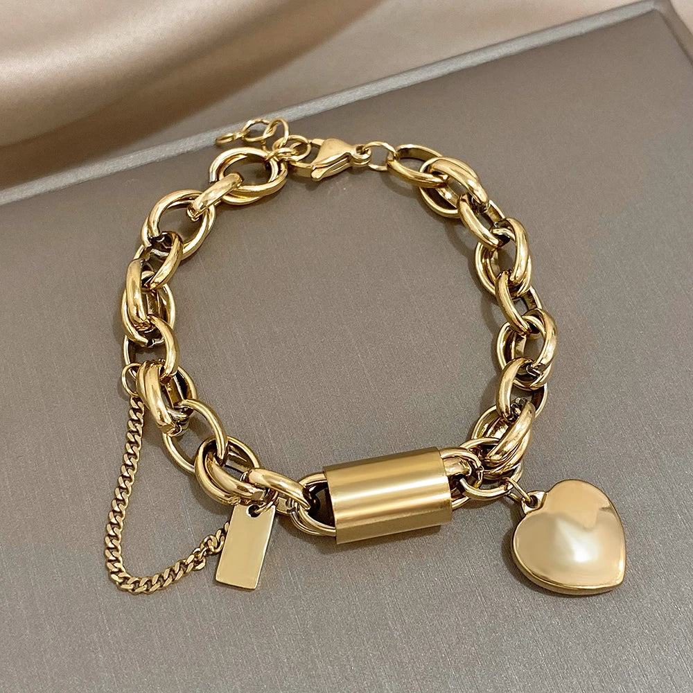 💛 Heart Lock Charm Bracelet – Γυναικείο Επιχρυσωμένο Βραχιόλι με Καρδιά & Χοντρή Αλυσίδα | Stainless Steel, Anti-Fade & Hypoallergenic