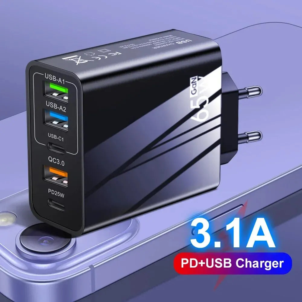 ⚡🔋 65W GaN Multi-Port Charger 🚀📱 (3 USB + 2 PD – 5 Θύρες)