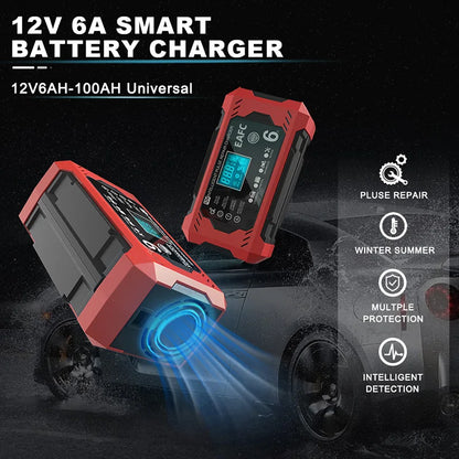 🔋🚗 Smart Battery Charger 12V 6A – Car & Motorcycle with LCD Repair Mode 🚗🔋