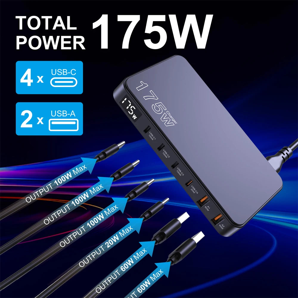 Ueetop 175W GaN USB-C Desktop Charger με LED Οθόνη – 6 Θύρες, PD 100W, PPS, Super Fast Charging