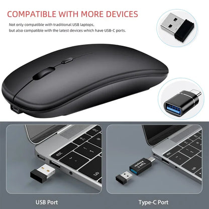 🖱️ Rechargeable Wireless Mouse – Dual Mode Bluetooth + 2.4GHz • Silent Click • Rechargeable Battery • 800–1600 DPI • Ultra-Slim Design ⚡