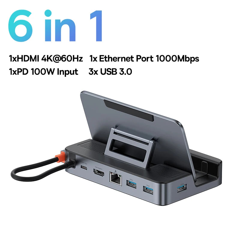 Baseus 6-in-1 USB-C Docking Station – 4K@60Hz | Gigabit Ethernet | USB 3.0
