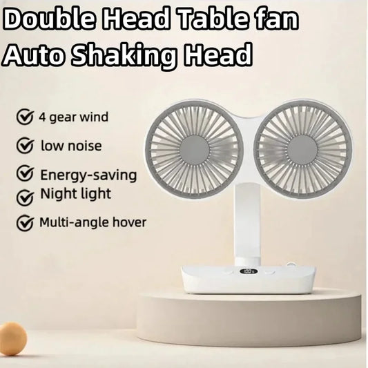 🌬️❄️ Multi-Function Double Head Shaking Fan με HD Digital Display & Night Light
