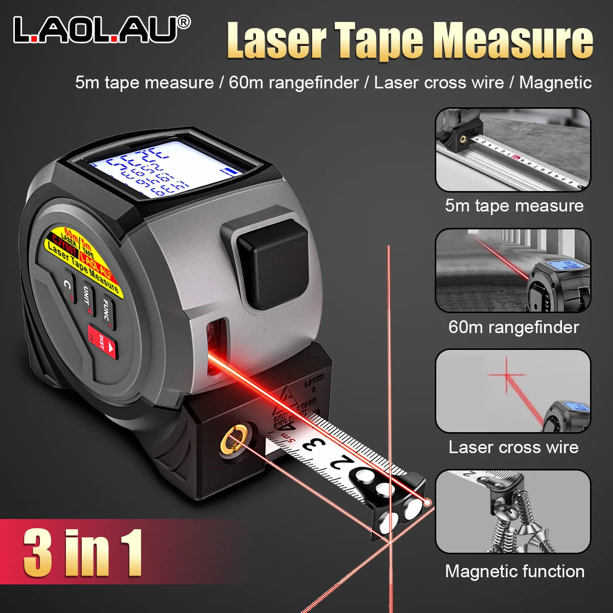 📐🔦 3-in-1 Laser Distance Meter & Measuring Tape 5m – Digital Distance Measurer with Laser Cross and Magnet 🔦📐