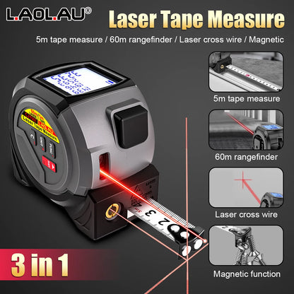 📐🔦 3-in-1 Laser Distance Meter & Measuring Tape 5m – Digital Distance Measurer with Laser Cross and Magnet 🔦📐