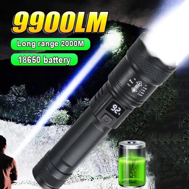 🔦 9900LM Powerful LED Flashlight – Επαναφορτιζόμενος Φακός με Zoom & Ένδειξη Μπαταρίας (USB Type-C)