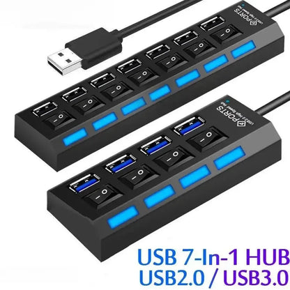 🔌 Switch Extension Hub – 7/4 Θύρες USB 2.0 Hub με Ανεξάρτητους Διακόπτες & LED Ενδείξεις