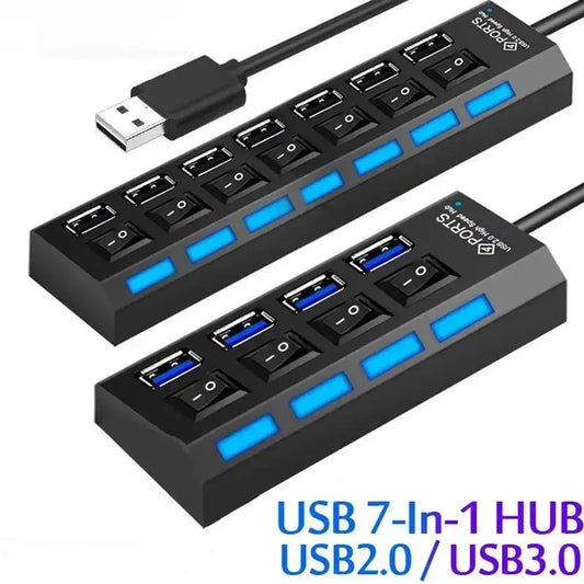 🔌 Switch Extension Hub – 7/4 Θύρες USB 2.0 Hub με Ανεξάρτητους Διακόπτες & LED Ενδείξεις
