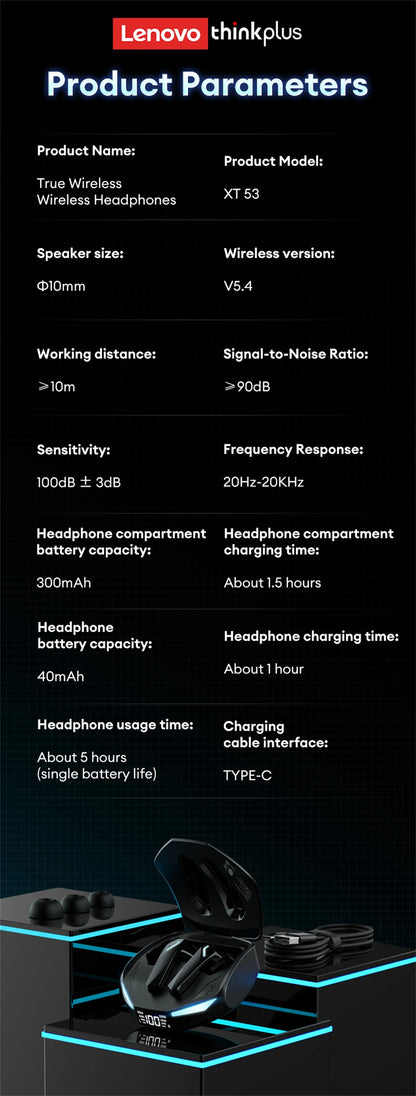 🎧 Lenovo XT53 Ασύρματα Bluetooth 5.4 Earbuds – Gaming Mode, LED Display & Αυτονομία έως 26 Ώρες